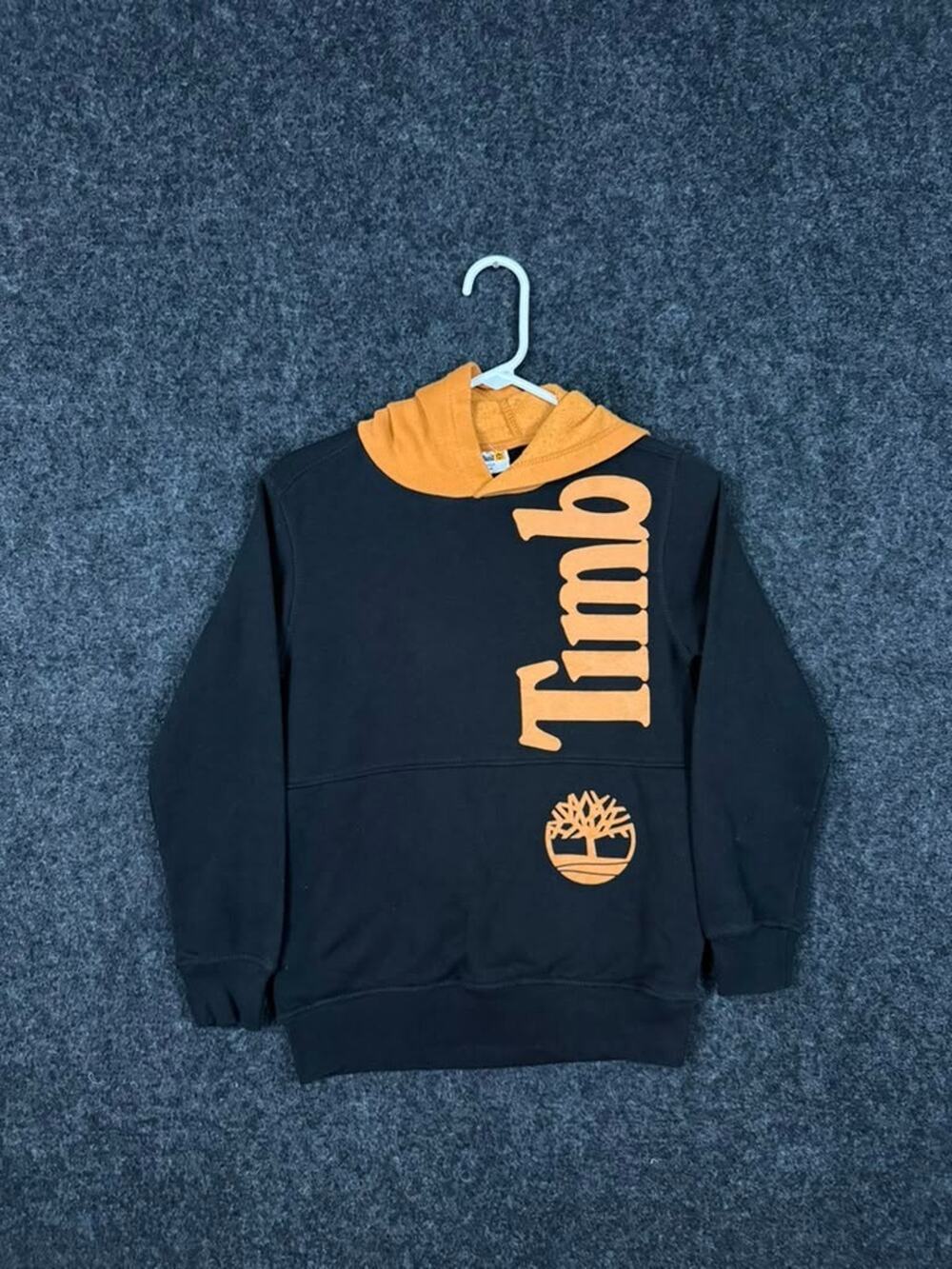 Timberland Boys Black Tan Logo Pullover Hoodie Size M 10-12 Fleece